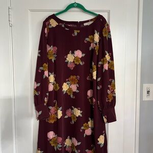 LOFT A-line Dress Burgundy and Cream Bishop Sleeves